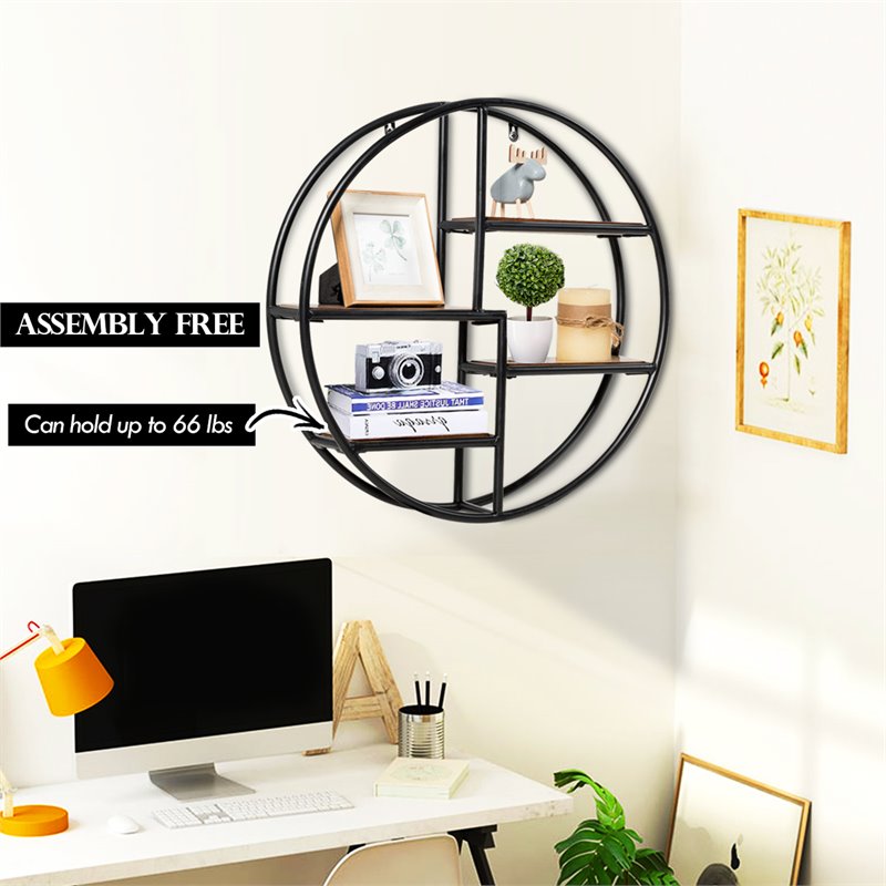 Costway Round Contemporary Wood and Iron Wall-mounted Storage Shelf in Black