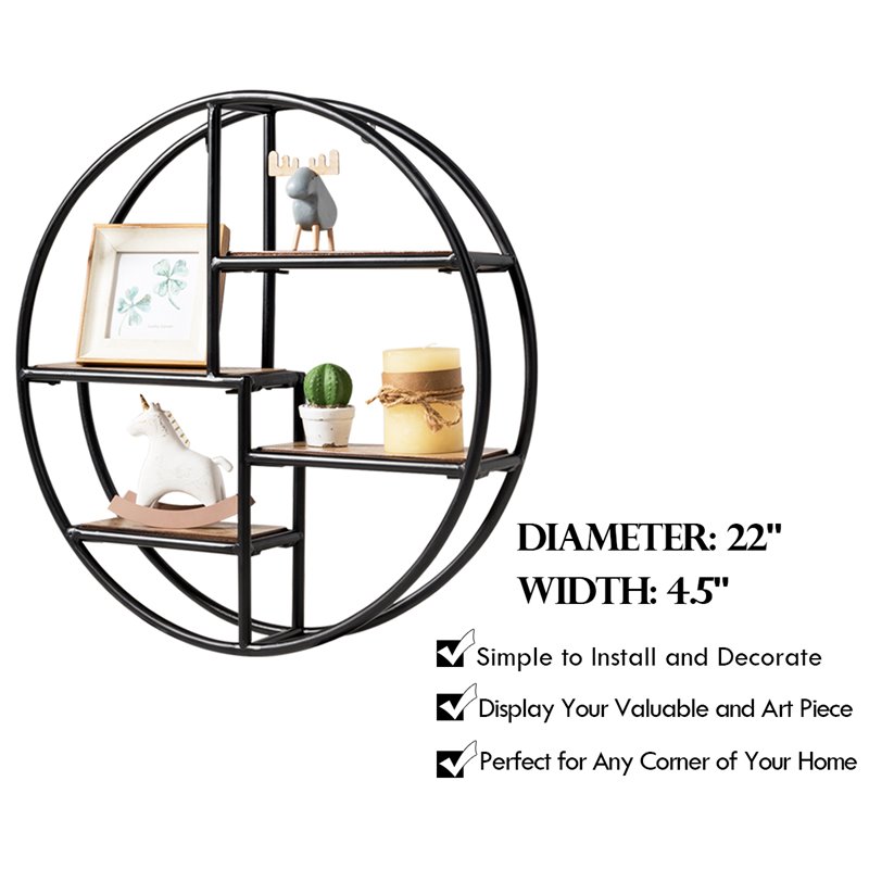 Costway Round Contemporary Wood and Iron Wall-mounted Storage Shelf in Black