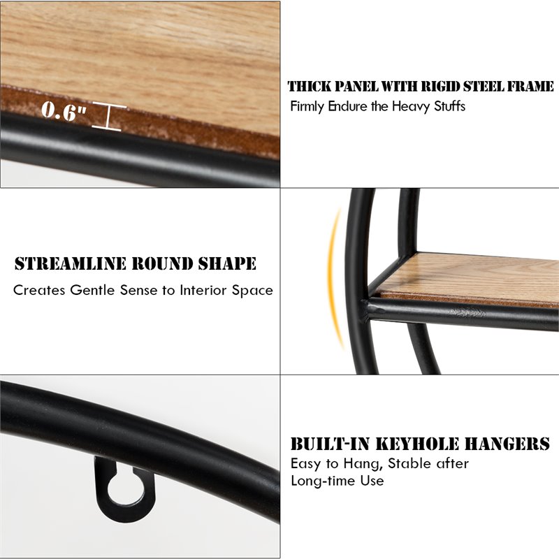 Costway Round Contemporary Wood and Iron Wall-mounted Storage Shelf in Black