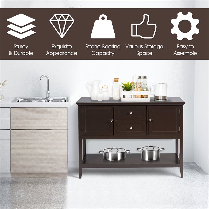 Costway MDF and Pine Wood Sideboard with Drawers & Storage Cabinets in Coffee