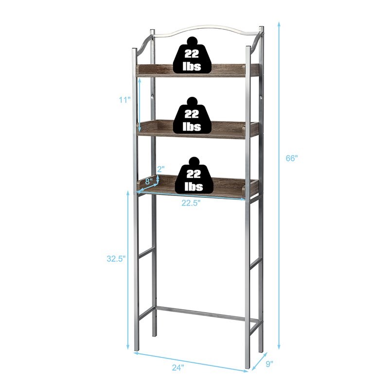 Costway 3-tier Engineered Wood and Iron Bathroom Spacesaver in Silver