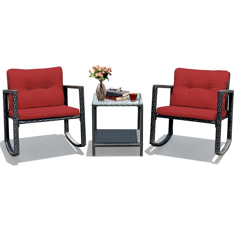 Costway 3-piece Steel and Rattan Patio Rocking Chair Set in Burgundy Red