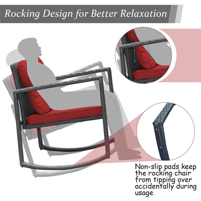 Costway 3-piece Steel and Rattan Patio Rocking Chair Set in Burgundy Red