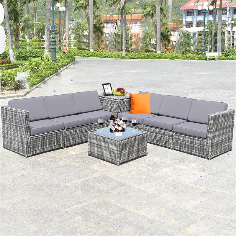 Costway 8-piece Polyester and Rattan Patio Sofa Set with Storage in Gray