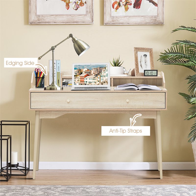 Costway Contemporary Wood Computer Desk with Hutch and Drawer in Natural