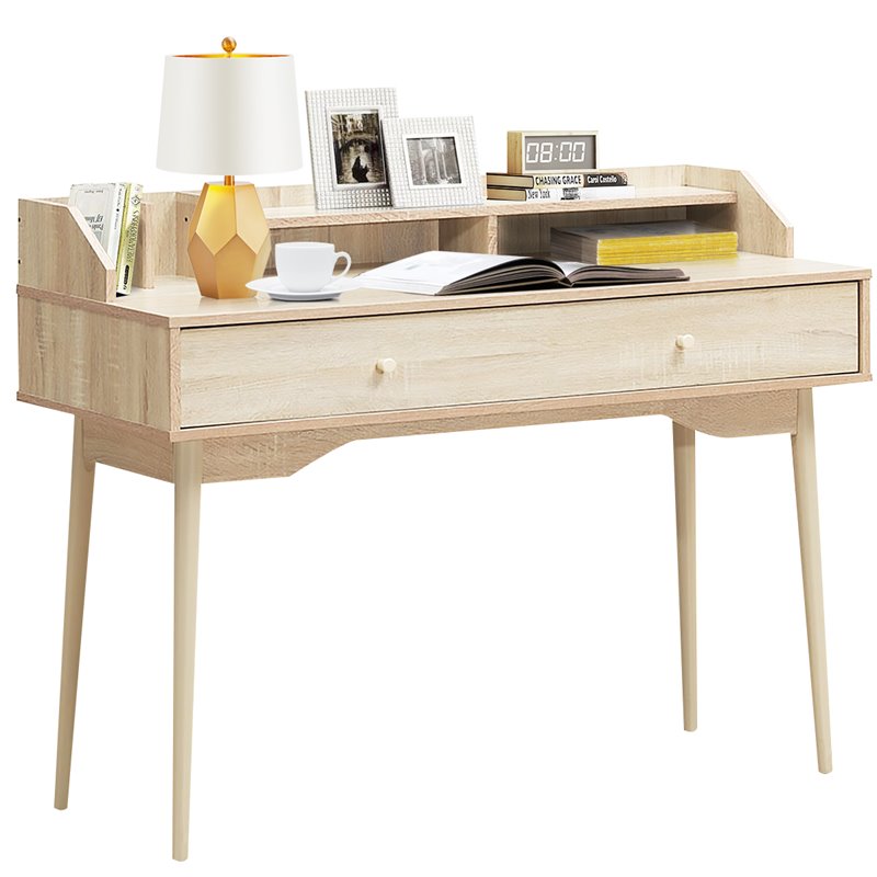 Costway Contemporary Wood Computer Desk with Hutch and Drawer in Natural