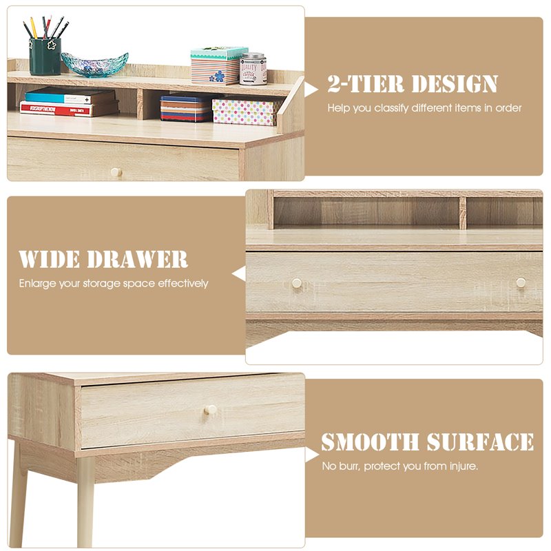 Costway Contemporary Wood Computer Desk with Hutch and Drawer in Natural