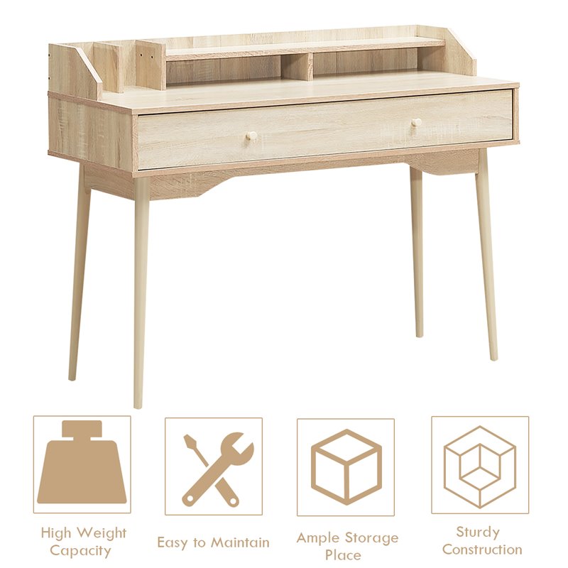 Costway Contemporary Wood Computer Desk with Hutch and Drawer in Natural