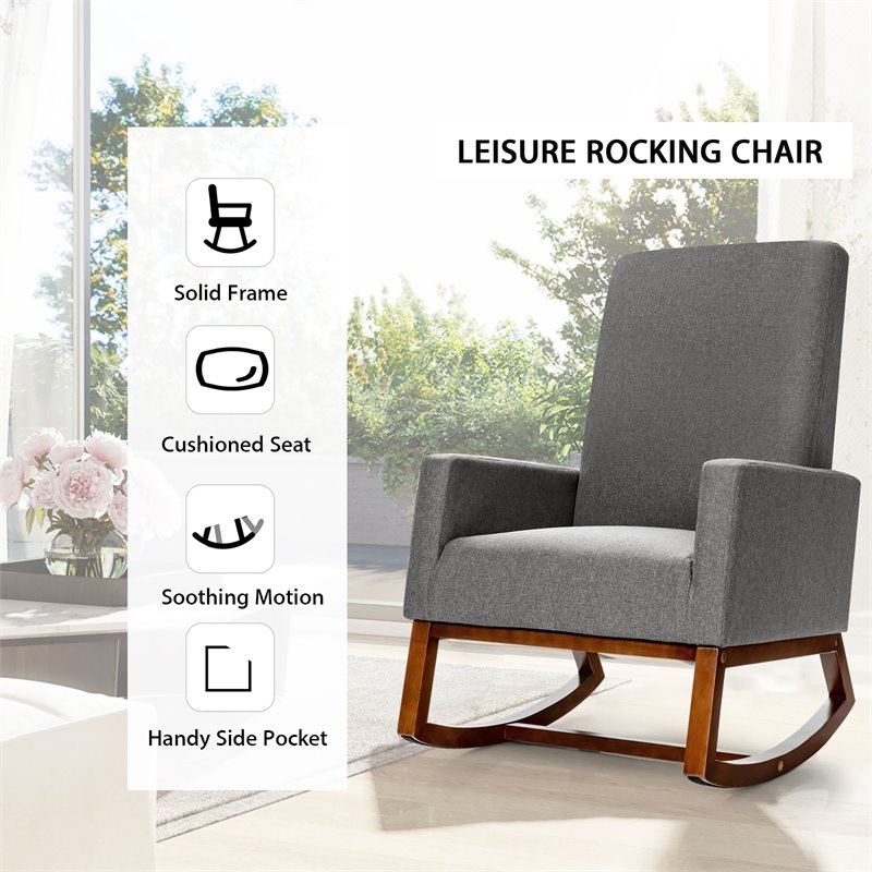 Costway Contemporary Plywood and Fabric Upholstered Rocking Chair in Gray