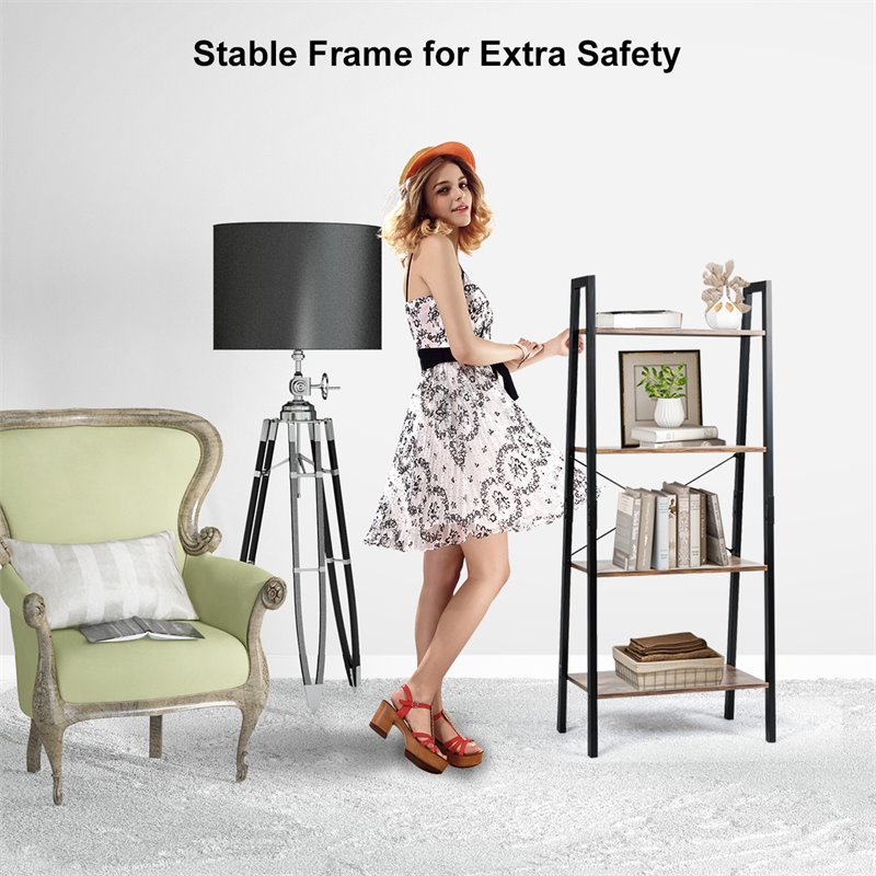 Costway 4-Tier Contemporary Wood and Metal Ladder Bookcase in Natural and Black