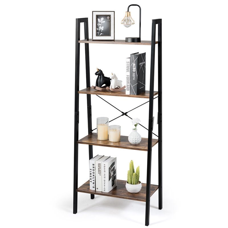 Costway 4-Tier Contemporary Wood and Metal Ladder Bookcase in Natural and Black