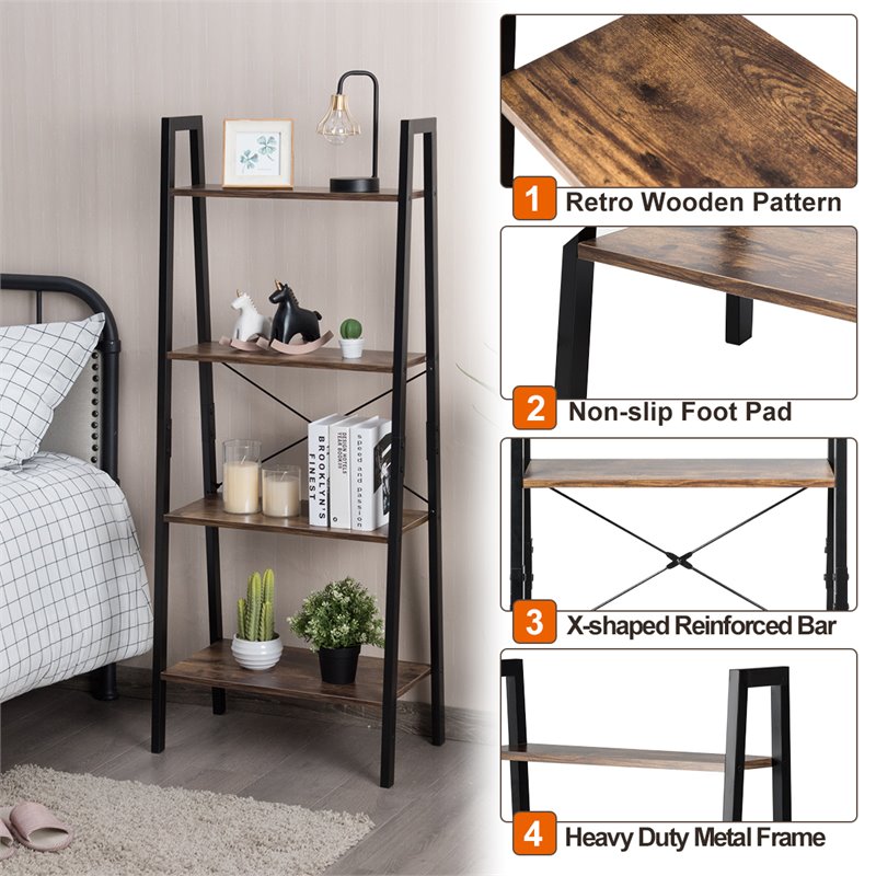 Costway 4-Tier Contemporary Wood and Metal Ladder Bookcase in Natural and Black