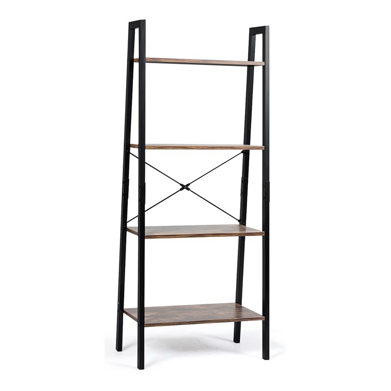 Costway 4-Tier Contemporary Wood and Metal Ladder Bookcase in Natural and Black