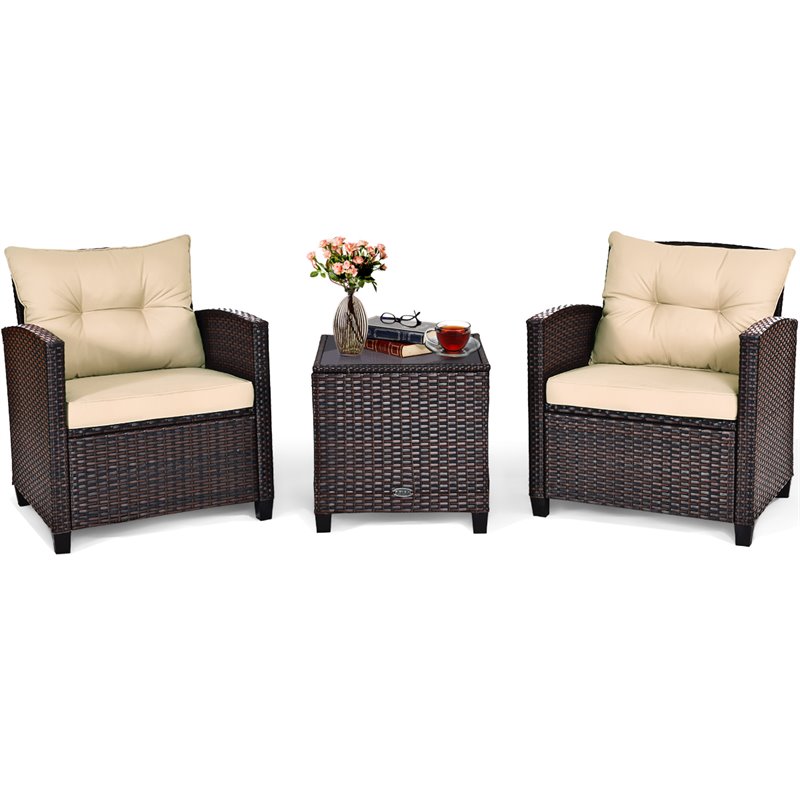 Costway 3-piece Rattan Patio Furniture Set with Back & Seat Cushion in Beige