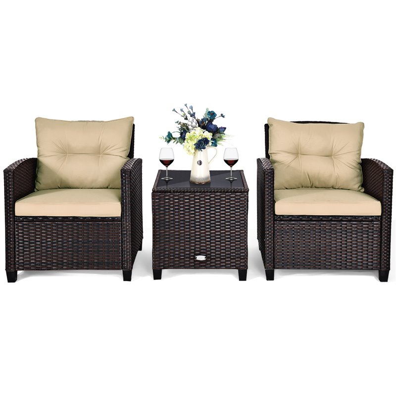 Costway 3-piece Rattan Patio Furniture Set with Back & Seat Cushion in Beige