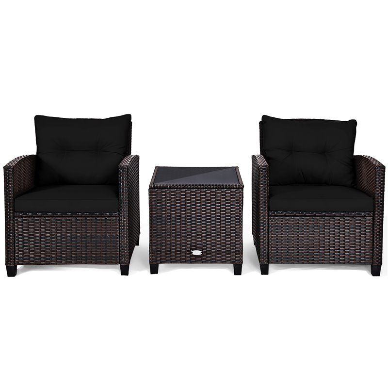 Costway 3-piece Rattan Patio Furniture Set with Back & Seat Cushion in Black