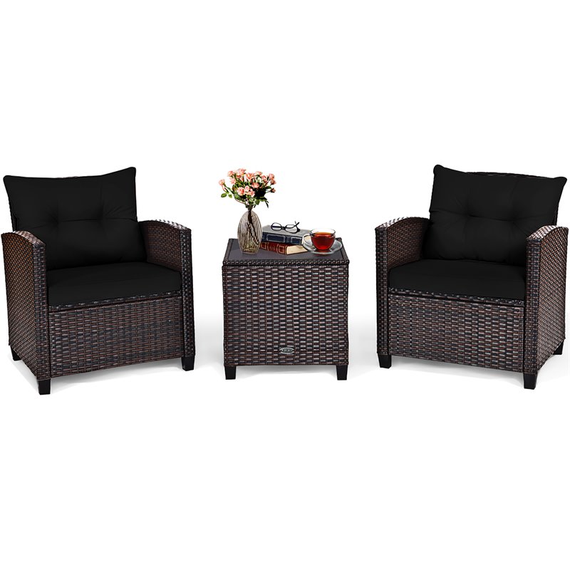 Costway 3-piece Rattan Patio Furniture Set with Back & Seat Cushion in Black