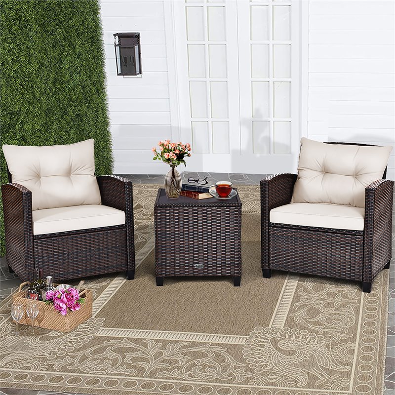Costway 3-piece Rattan Patio Furniture Set with Back & Seat Cushion in Off White