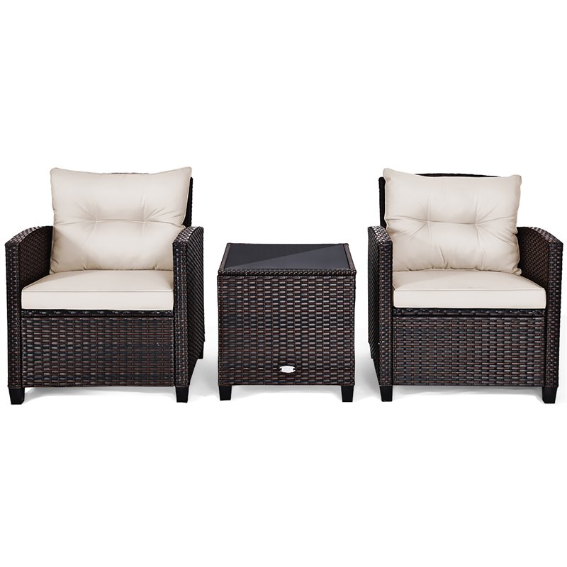 Costway 3-piece Rattan Patio Furniture Set with Back & Seat Cushion in Off White