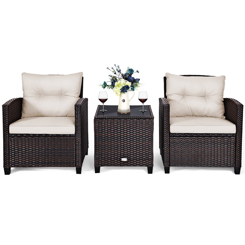 Costway 3-piece Rattan Patio Furniture Set with Back & Seat Cushion in Off White