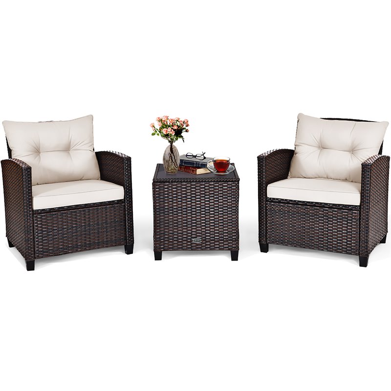Costway 3-piece Rattan Patio Furniture Set with Back & Seat Cushion in Off White