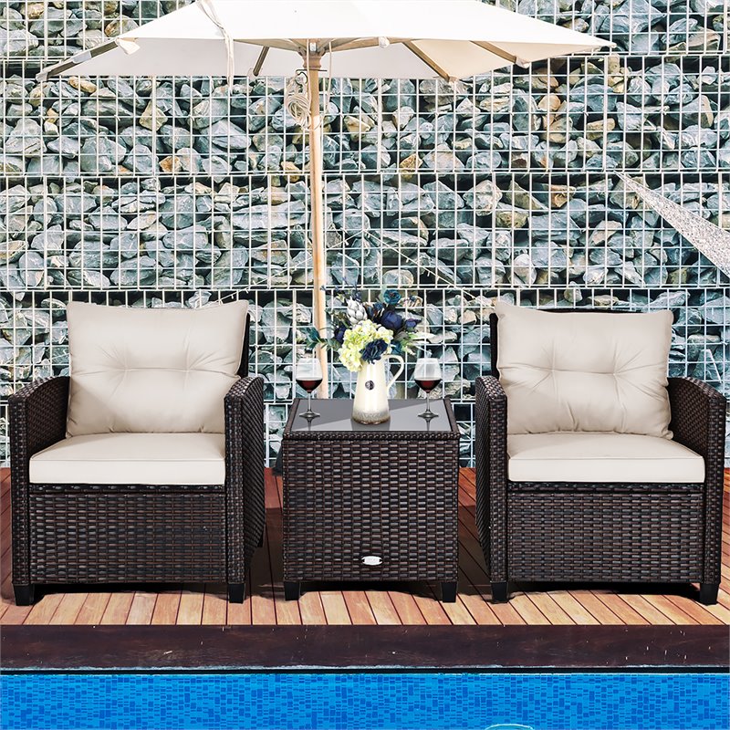 Costway 3-piece Rattan Patio Furniture Set with Back & Seat Cushion in Off White
