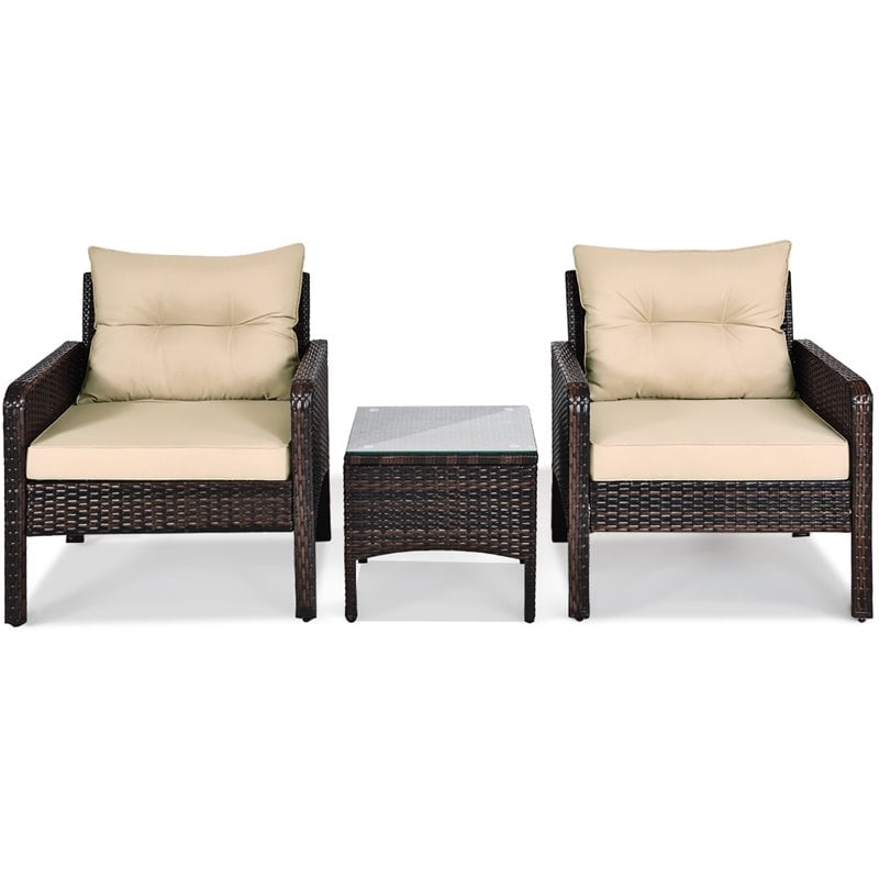 Costway 3-piece Rattan Patio Furniture Set with Sofa Chair in Beige