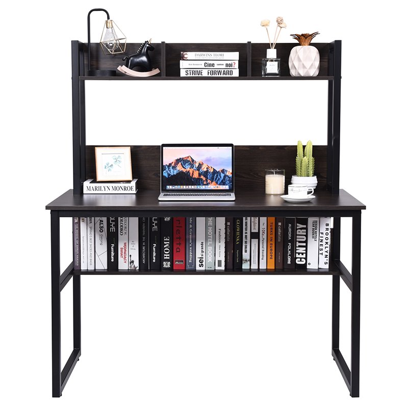 Costway Contemporary MDF and Iron Computer Desk with Hutch Bookshelf in Brown