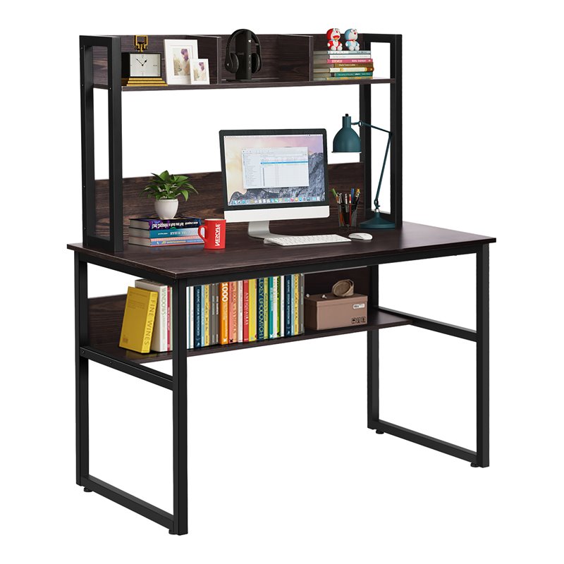 Costway Contemporary MDF and Iron Computer Desk with Hutch Bookshelf in Brown