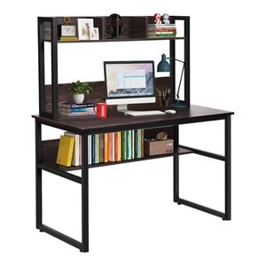 Costway Contemporary MDF and Iron Computer Desk with Hutch Bookshelf in Brown