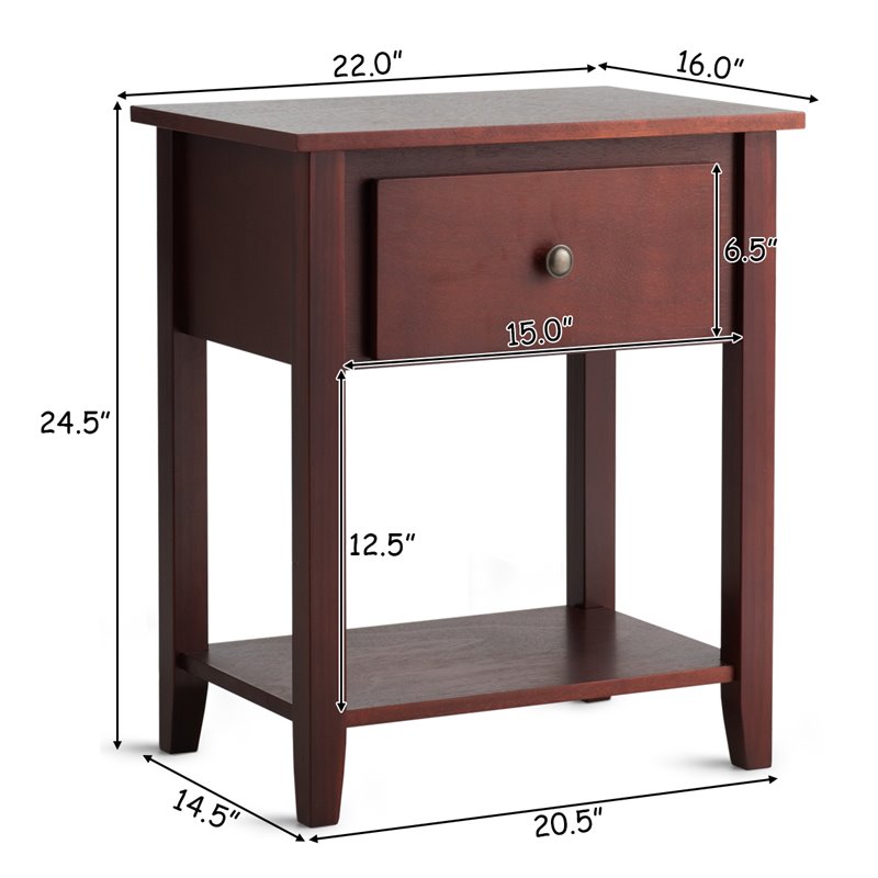 Costway Contemporary MDF and Pine Beside Table with Sturdy Frame in Brown