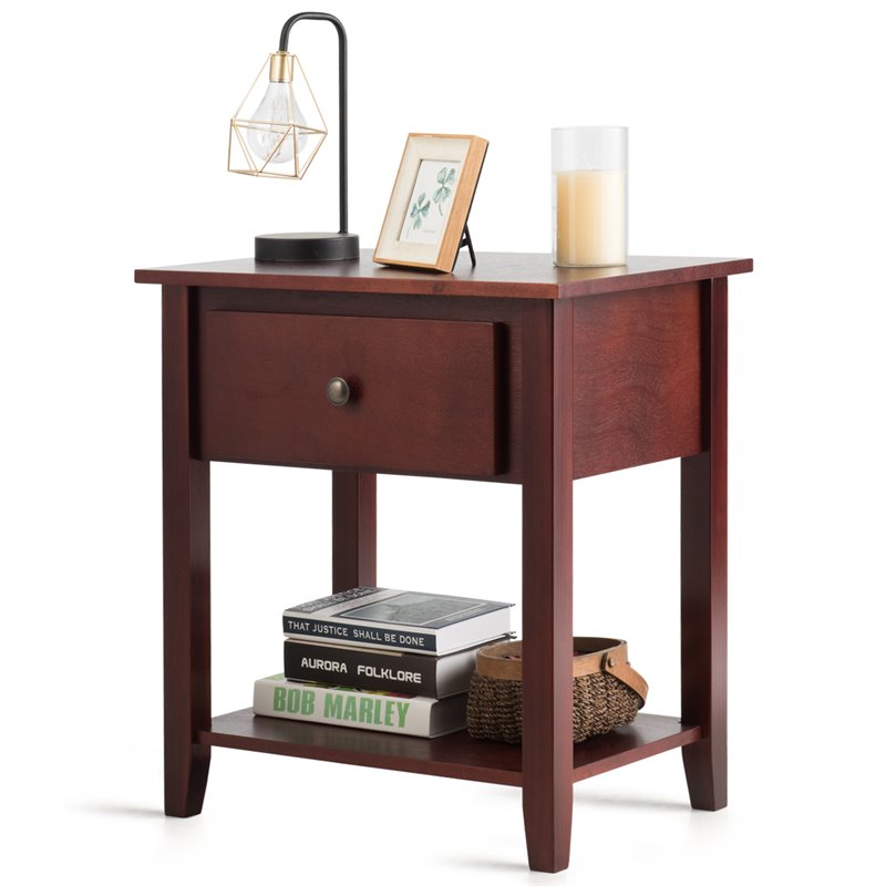 Costway Contemporary MDF and Pine Beside Table with Sturdy Frame in Brown