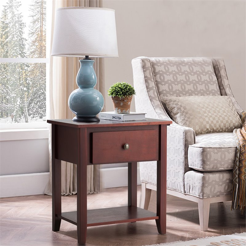 Costway Contemporary MDF and Pine Beside Table with Sturdy Frame in Brown