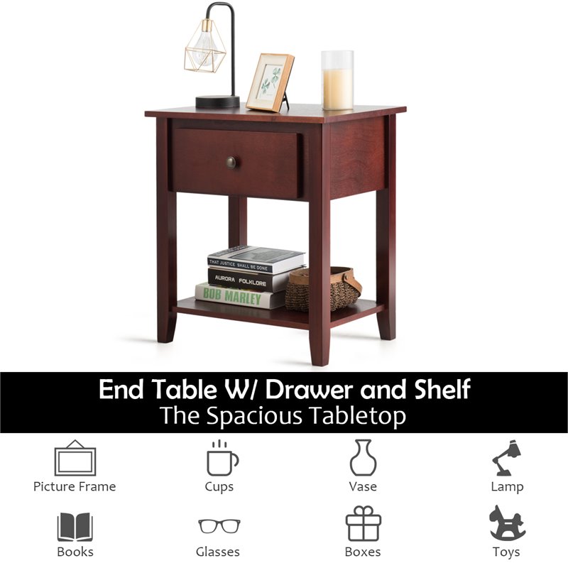 Costway Contemporary MDF and Pine Beside Table with Sturdy Frame in Brown