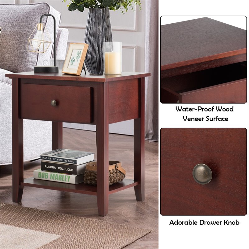 Costway Contemporary MDF and Pine Beside Table with Sturdy Frame in Brown
