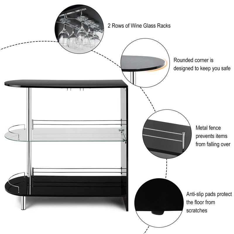 Costway Metal and MDF Bar Table with Tempered Glass Shelf in Black