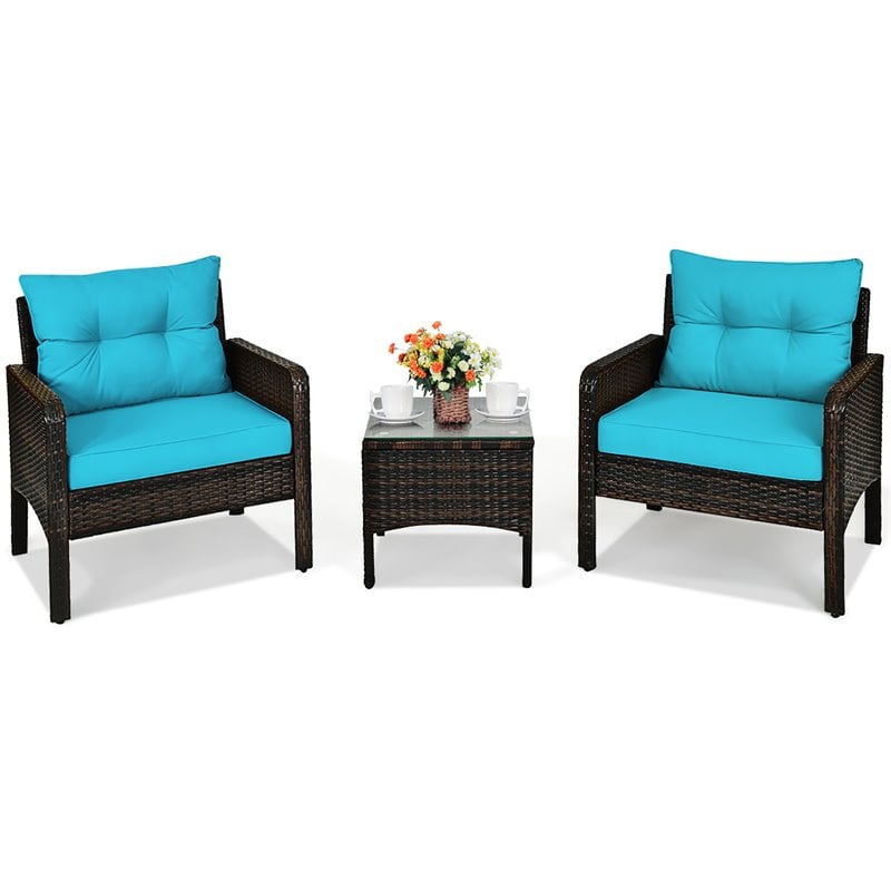 Costway 3-piece Rattan Patio Furniture Set with Sofa Chair in Turquoise