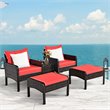 Costway 5-piece Rattan & Steel Patio Furniture Set with 2 Ottomans in Red