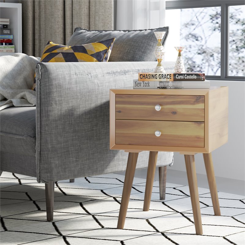 Costway Contemporary Solid Wood Nightstand with 2 Sliding Drawers in Walnut