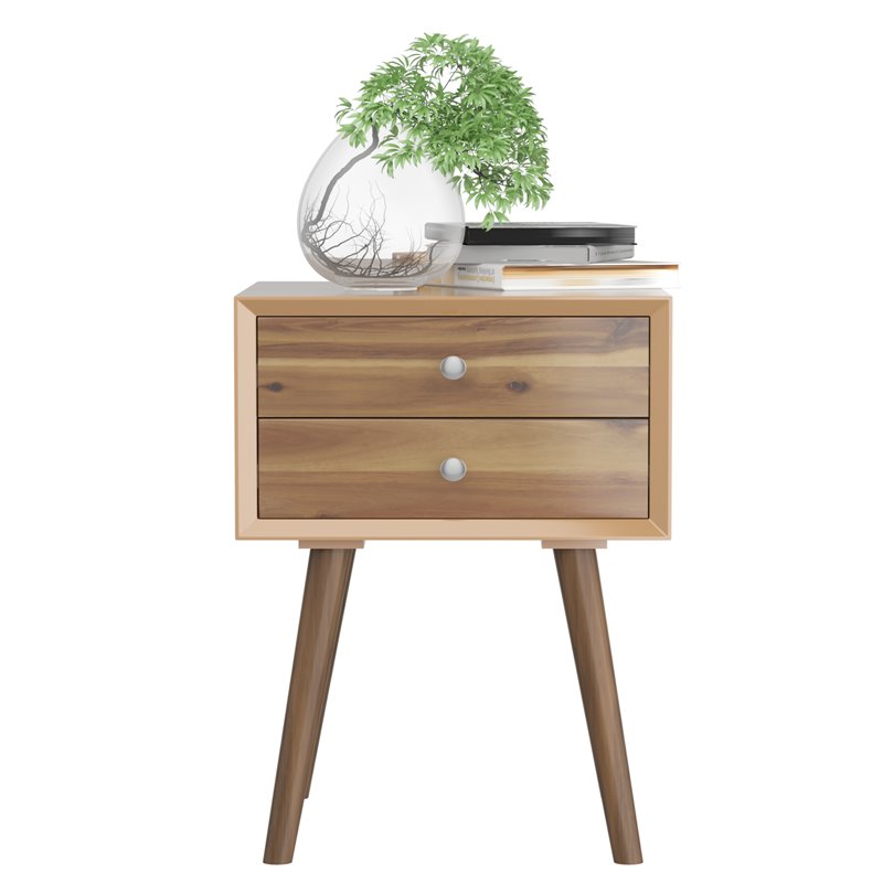 Costway Contemporary Solid Wood Nightstand with 2 Sliding Drawers in Walnut