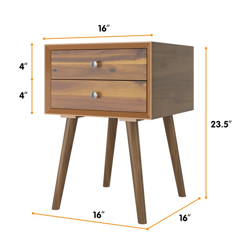 Costway Contemporary Solid Wood Nightstand with 2 Sliding Drawers in Walnut