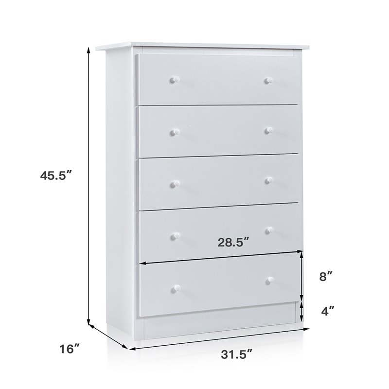 Costway 5-drawer Contemporary PB Board and MDF Chest w/ Multi Layers in White