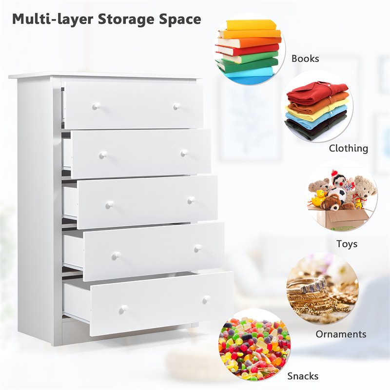 Costway 5-drawer Contemporary PB Board and MDF Chest w/ Multi Layers in White