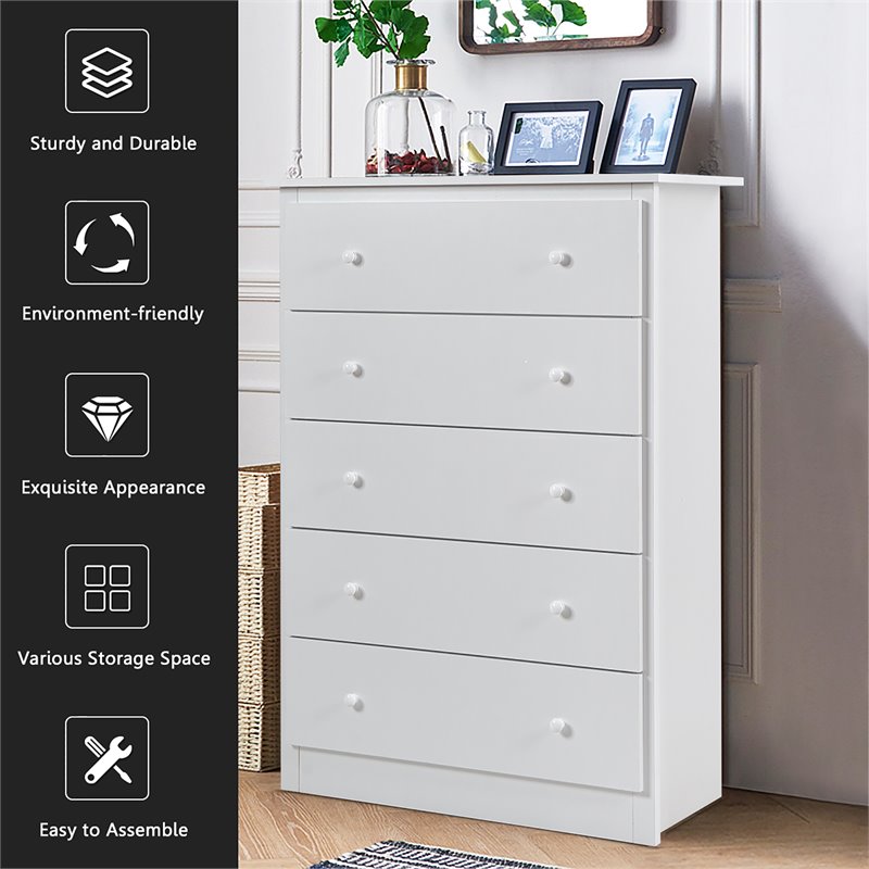 Costway 5-drawer Contemporary PB Board and MDF Chest w/ Multi Layers in White
