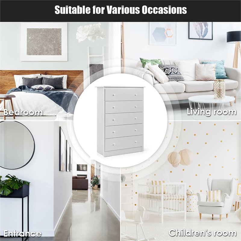 Costway 5-drawer Contemporary PB Board and MDF Chest w/ Multi Layers in White