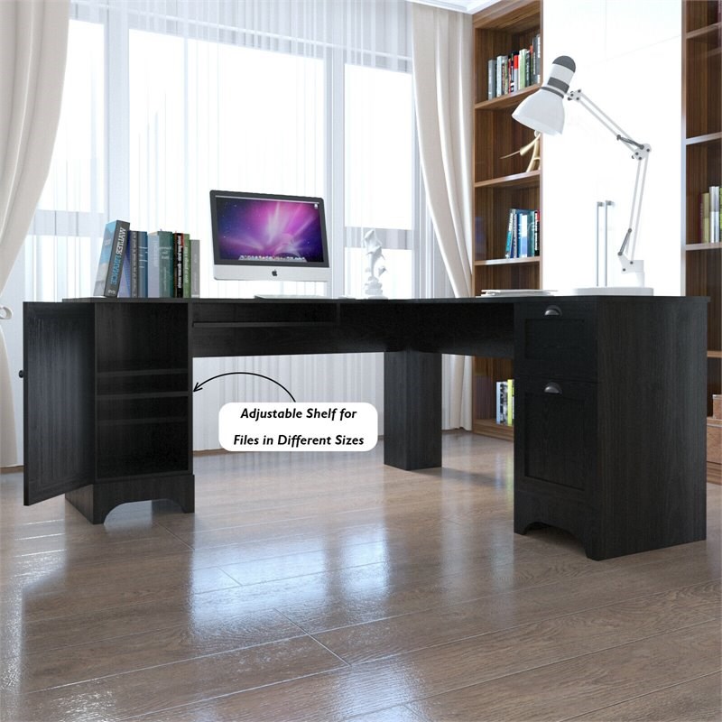Costway L-Shaped Particle Board Corner Computer Desk with Drawers in Black