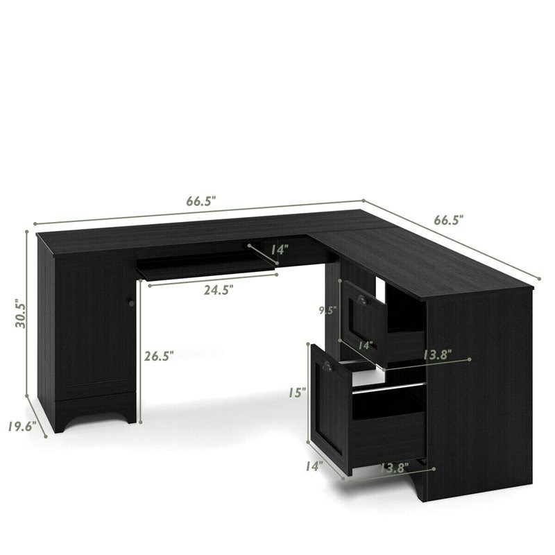 Costway L-Shaped Particle Board Corner Computer Desk with Drawers in Black