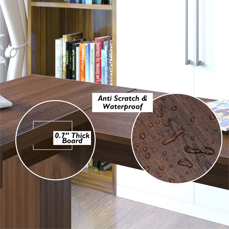 Costway L-Shaped Particle Board Corner Computer Desk with Drawers in Brown