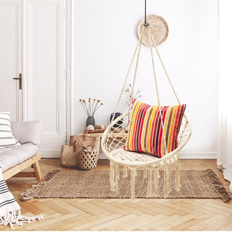 Costway Contemporary Cotton and Steel Hanging Hammock Chair in Beige
