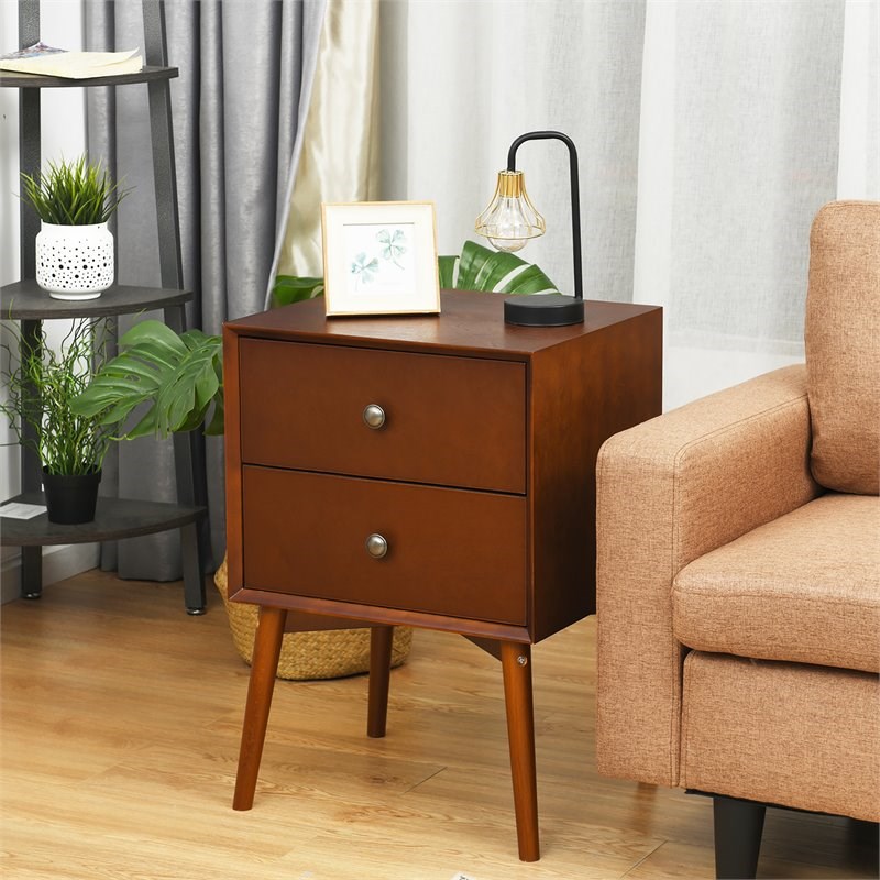 Costway 2-drawer Contemporary MDF and Rubber Wood Nightstand in Brown